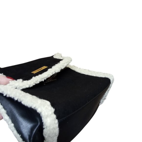 Badgley Mischka NEW Black Suede Like Fur Trimmed Satchel Working Lock & Key $159 - Picture 7 of 11
